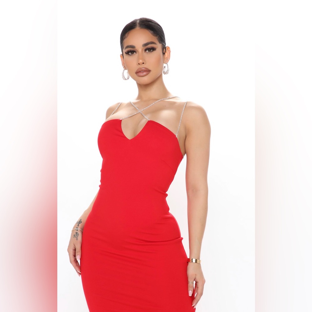 Red Diamanté MIDI Dress